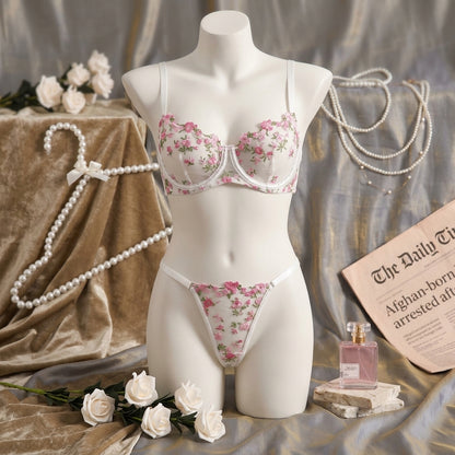 Floral Embroidered Lingerie Set – Soft Pink & White Sheer Mesh -9987