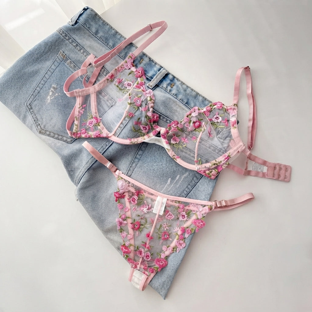 Flourish Non-Padded Floral Wired Bra & Panty Set – Blossom Charm Pink Embroidered Sheer Lingerie 9987
