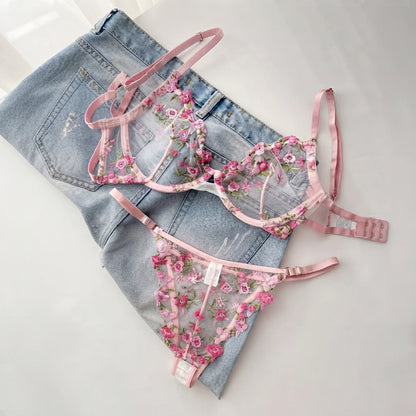 Flourish Non-Padded Floral Wired Bra & Panty Set – Blossom Charm Pink Embroidered Sheer Lingerie 9987