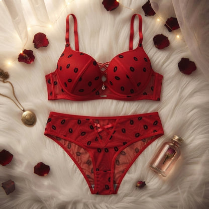 Romantic Lip Print Mesh Lingerie Set – Push-Up Bra & Strappy Panty -2090 Kiss print