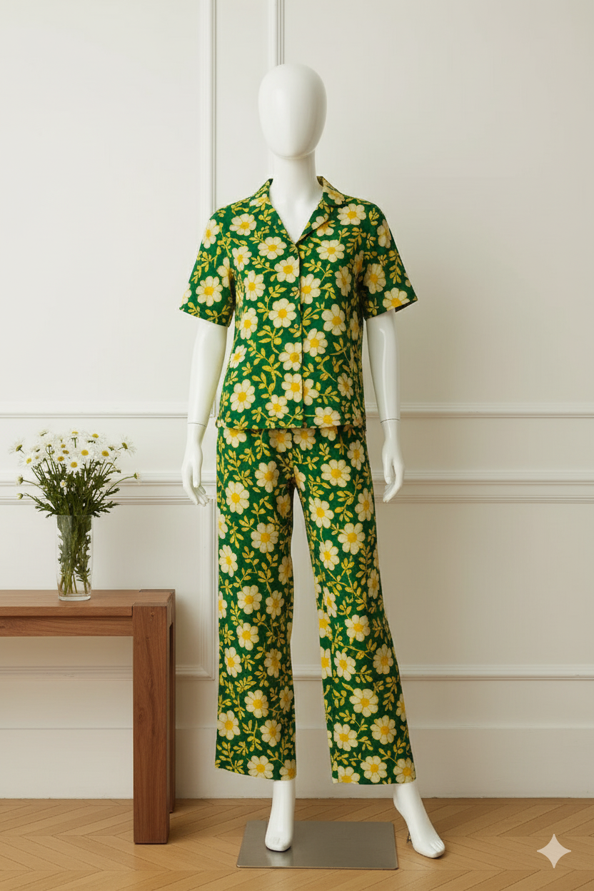 Flourish Women’s Linen Pajama Set – 2-Piece Green Floral Print Nightwear