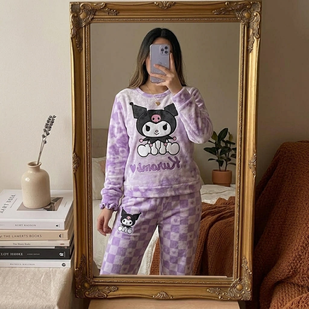 Cute Purple Kuromi Anime Plush Velvet Pajama Set – Warm & Cozy Winter Sleepwear