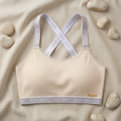 Premium Ribbed Lace-Trim Bralette with Logo Band