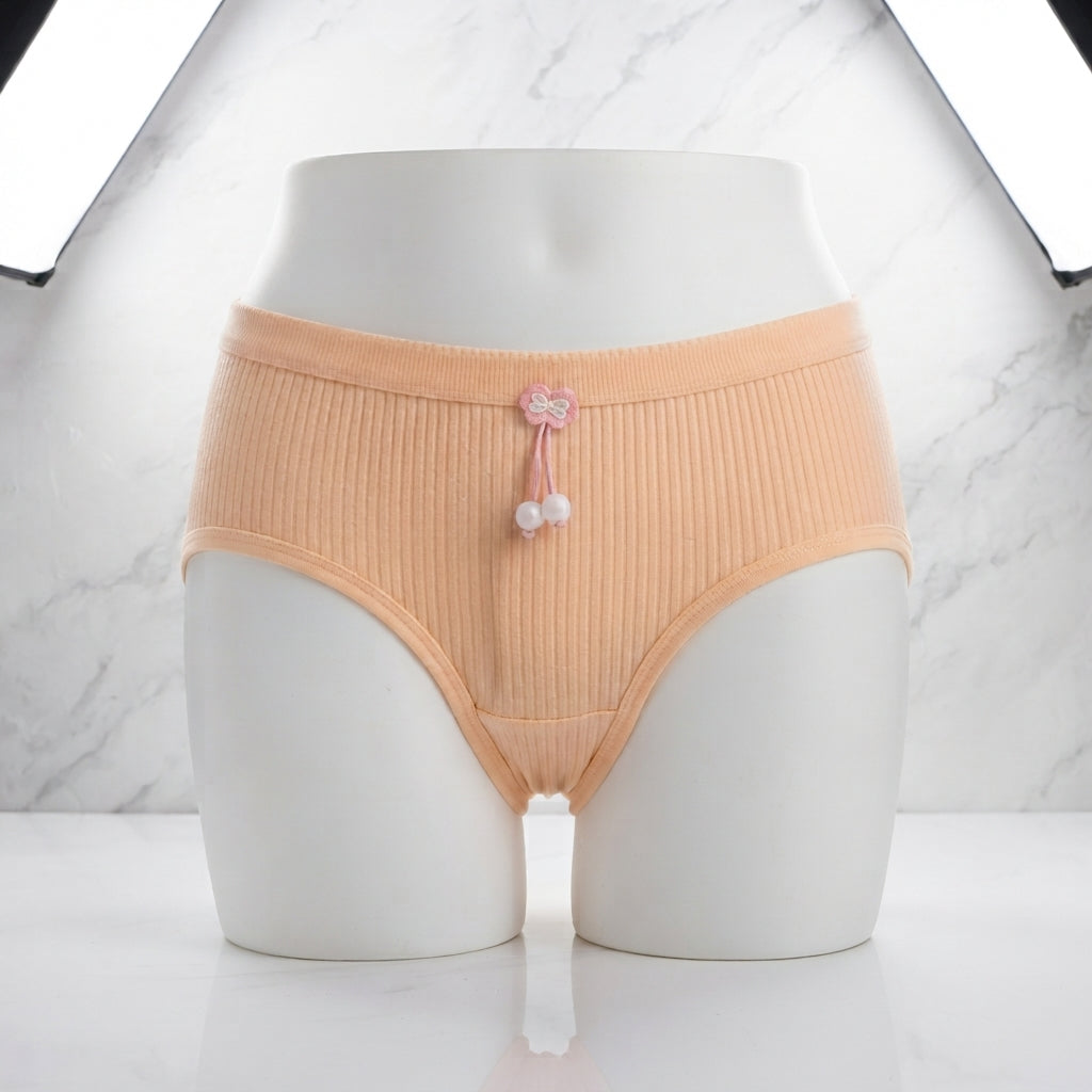 Pack of 3 Women's Ribbed Cotton Panties with Pearl Charm -