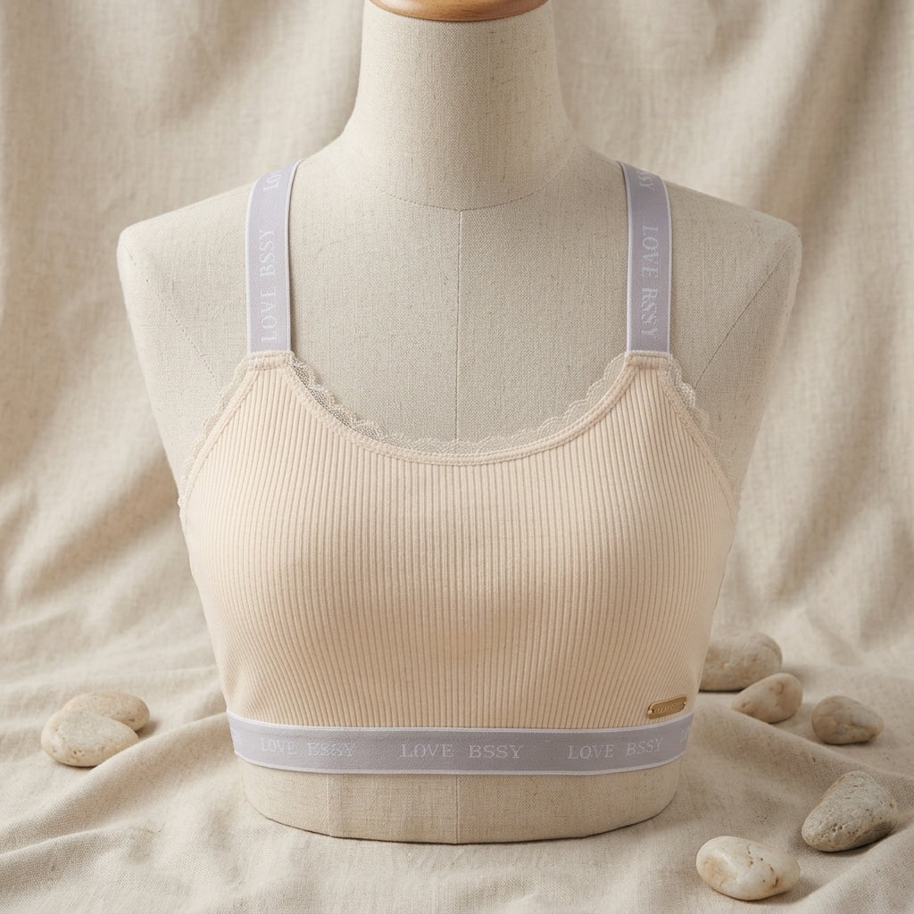 Premium Ribbed Lace-Trim Bralette with Logo Band