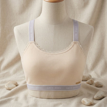 Premium Ribbed Lace-Trim Bralette with Logo Band