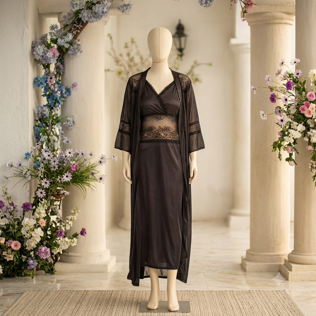 Luxury Bridal Maxi Night Wear – Premium 2-Piece Silk & Net Gown Set -356