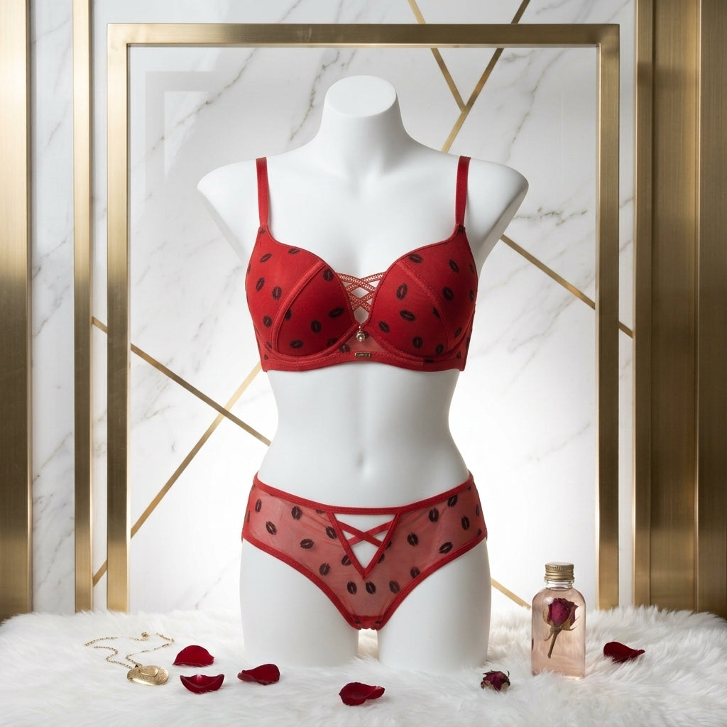 Romantic Lip Print Mesh Lingerie Set – Push-Up Bra & Strappy Panty -2090 Kiss print