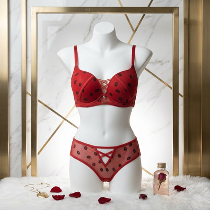 Romantic Lip Print Mesh Lingerie Set – Push-Up Bra & Strappy Panty -2090 Kiss print