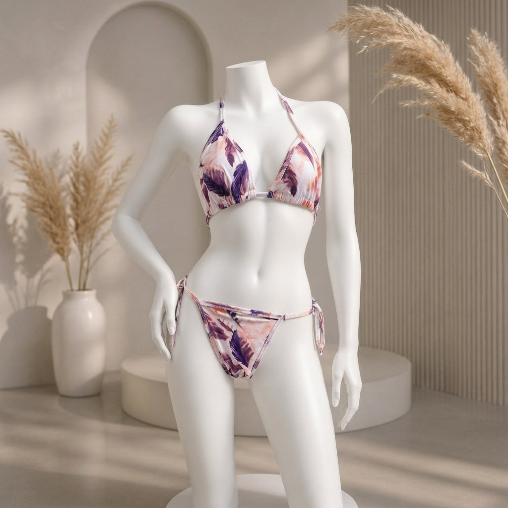 Women's Padded Triangle Bikini Set – Floral & Geometric Print Beachwear BIK-2219
