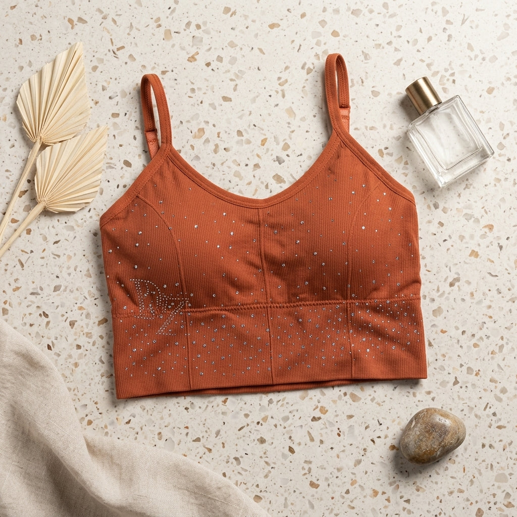 Elegant Olive Green Rhinestone Crop Top