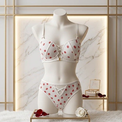 Romantic Lip Print Mesh Lingerie Set – Push-Up Bra & Strappy Panty -2090 Kiss print