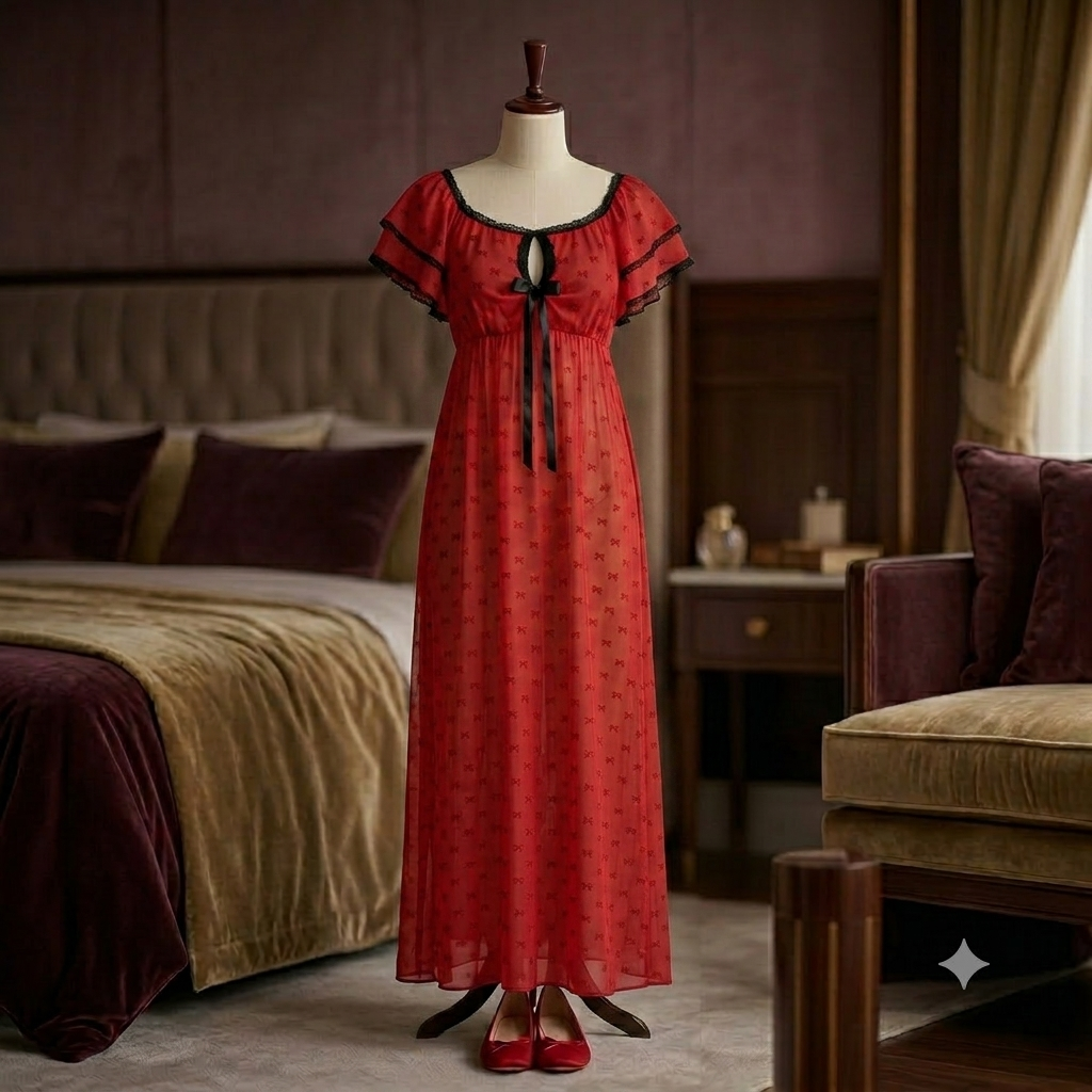 Midnight & Crimson Bow-Detail Maxi Nightgown