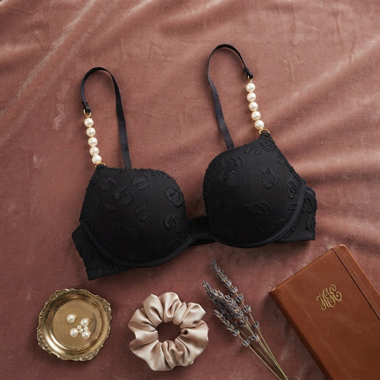 Luxury Pearl-Strap Lace Padded Bra Black -9091