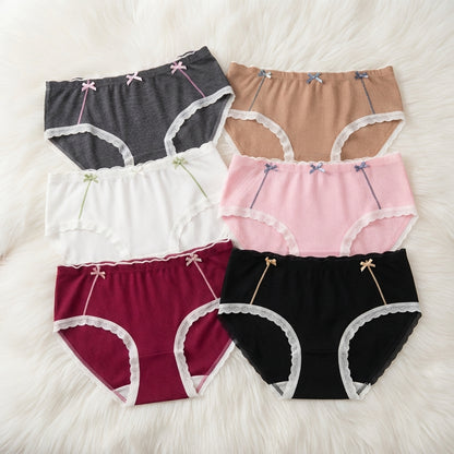 Women's Ribbed Cotton Briefs with Lace Trim & Bow Accents -6126
