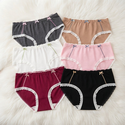 Women's Ribbed Cotton Briefs with Lace Trim & Bow Accents -6126