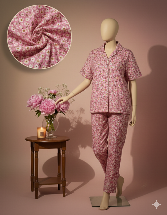 Flourish Women’s Linen Pajama Set – 2-Piece Pink Floral  Print Nightwear