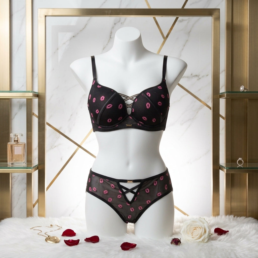 Romantic Lip Print Mesh Lingerie Set – Push-Up Bra & Strappy Panty -2090 Kiss print
