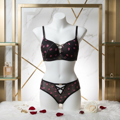 Romantic Lip Print Mesh Lingerie Set – Push-Up Bra & Strappy Panty -2090 Kiss print