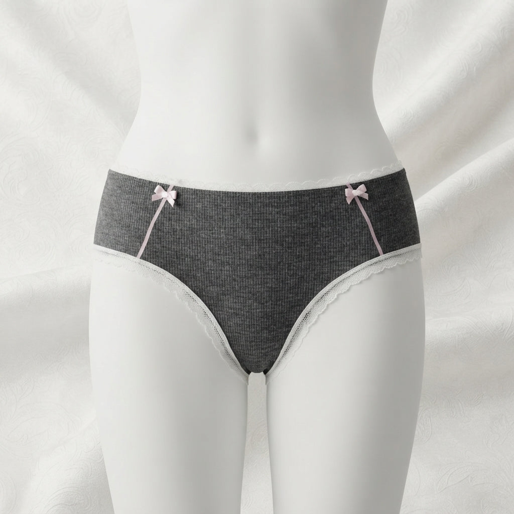Women's Ribbed Cotton Briefs with Lace Trim & Bow Accents -6126