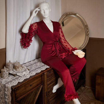 Luxury Milky-Silk  Lounge Set – V-Neck Wrap Top with Heart Mesh Sleeves & Ruffle Cuffs -912