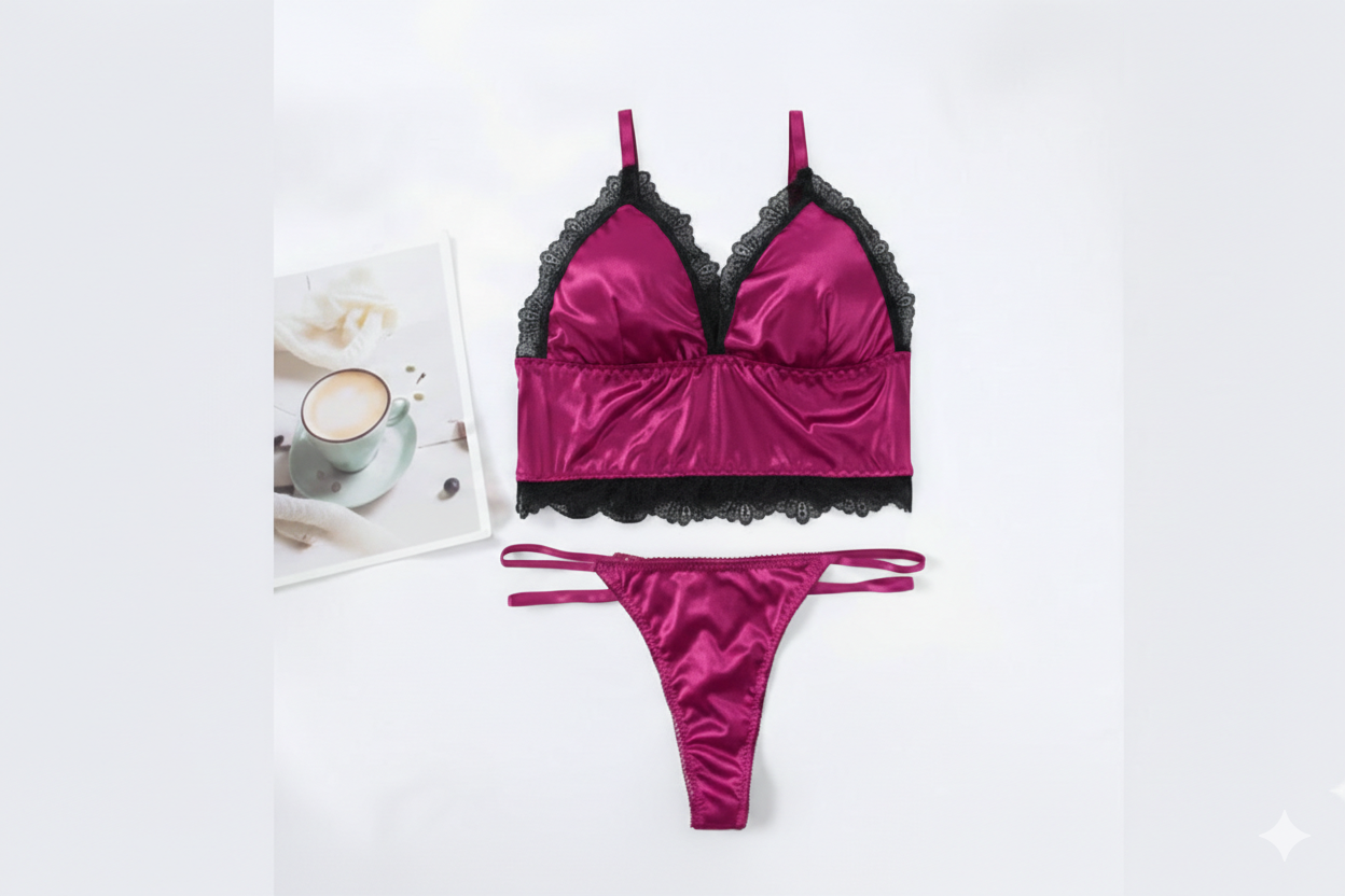 Flourish Satin Lace Bralette & Thong Lingerie Set – Soft Adjustable Straps | Multiple Colors