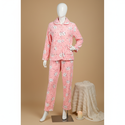 Flourish Fleece Button-Up Winter Pajama Set – Baby Pink Kitty Print Edition