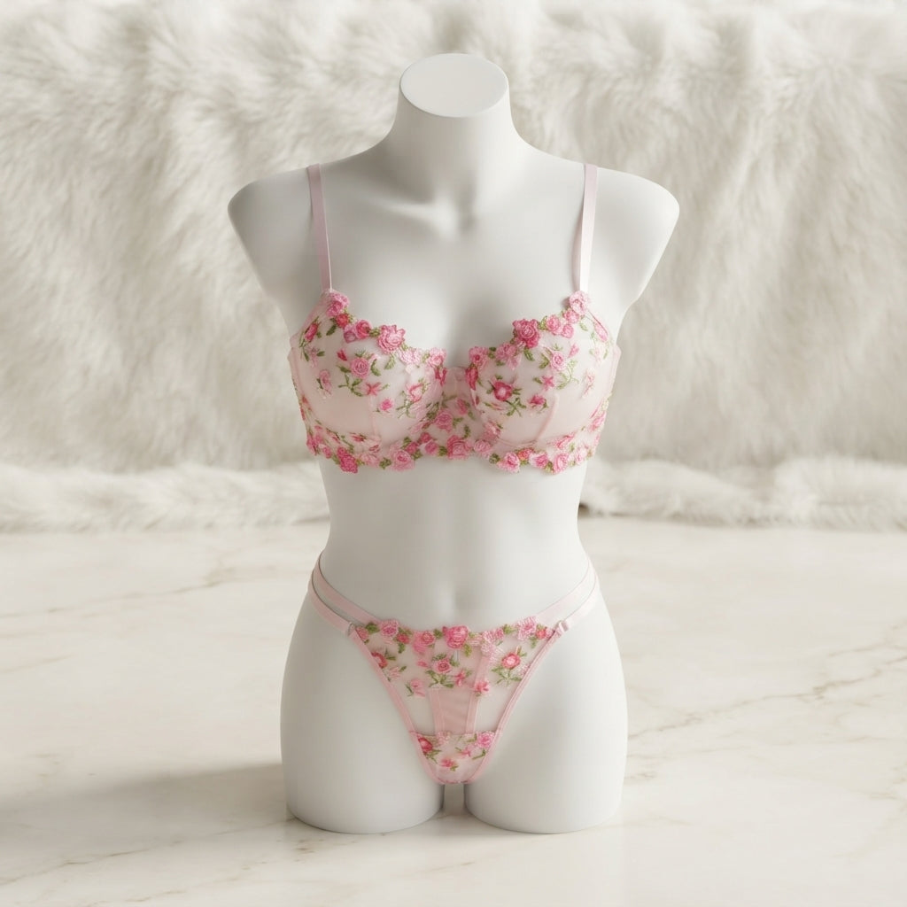 Flourish Non-Padded Floral Wired Bra & Panty Set – Blossom Charm Pink Embroidered Sheer Lingerie 9987
