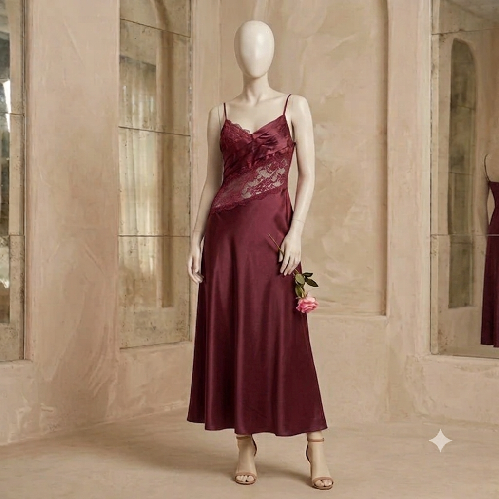 Blush Pink Satin Long Nightdress with Asymmetrical Lace-072