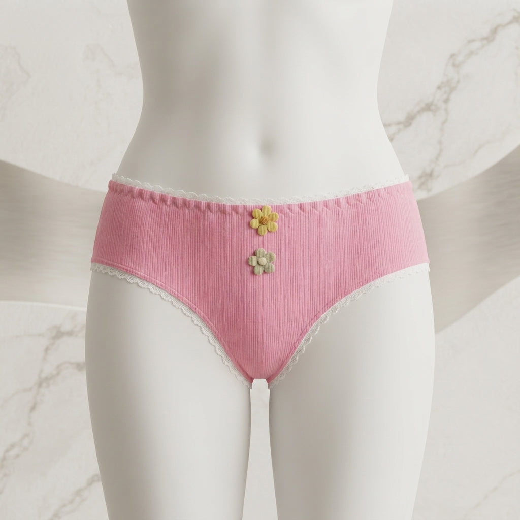 Pack of 3 Aesthetic Ribbed Cotton Panties with Floral Accents -6008