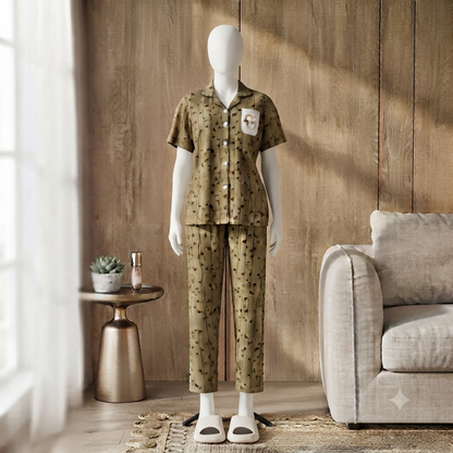 Women's Heart Print Lounge Wear Set – Half Sleeve Button-Up Top with Full-Length Pajama | 2 Piece Nightwear