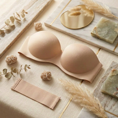 Seamless Strapless Padded Bra with Extension Hook – Beige