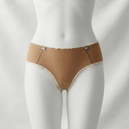 Women's Ribbed Cotton Briefs with Lace Trim & Bow Accents -6126