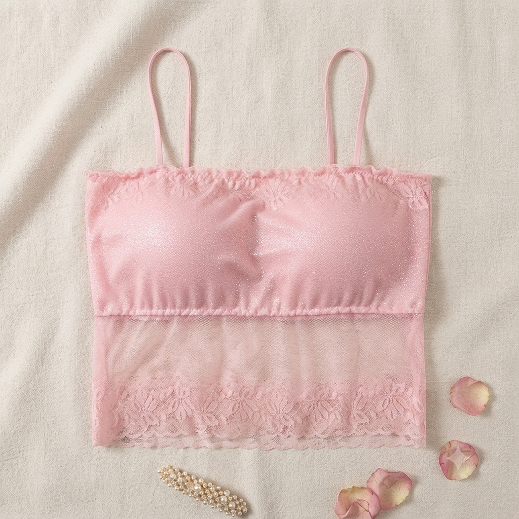 Elegant Pink Lace Overlay Strappy Crop Top