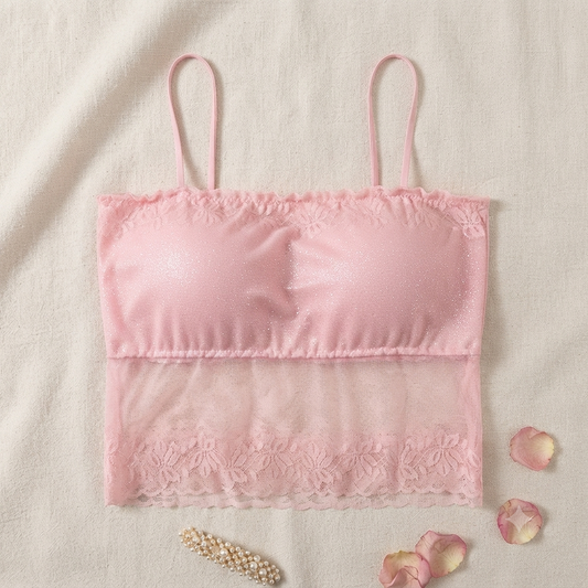 Elegant Pink Lace Overlay Strappy Crop Top