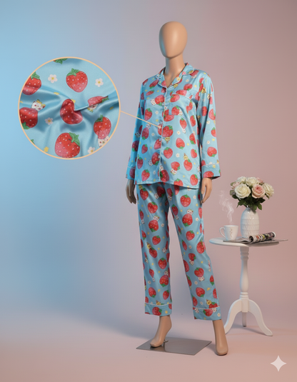 Flourish Women’s Full Sleeve Strawberry Print Pajama Set – Soft & Cozy Nightwear Strawberry Dream