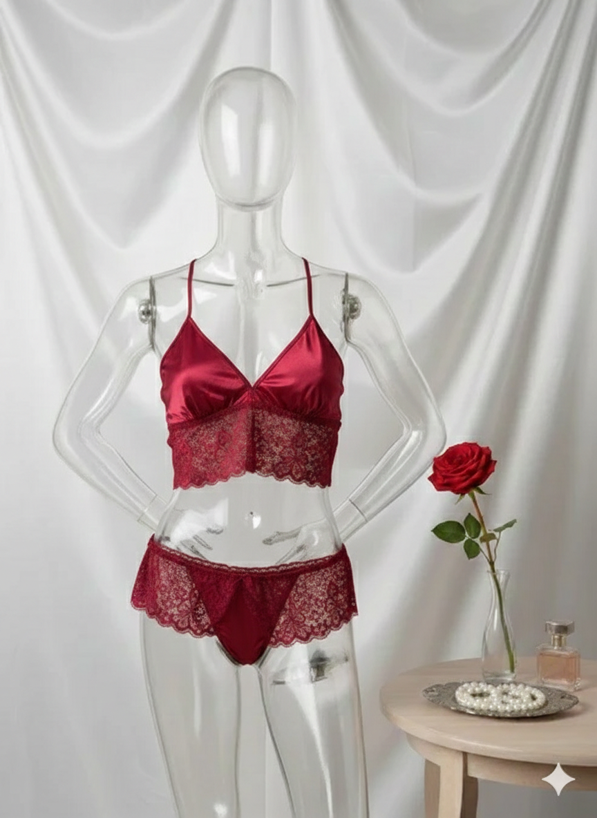 Flourish Satin Lace Bralette & Thong Lingerie Set – Soft Adjustable Straps | Multiple Colors