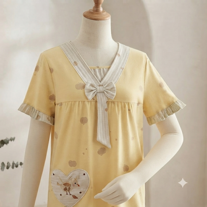 Women's Round Neck Short Sleeve Ruffle Trim Solid Color Nightwear Pajamas - Soft & Comfortable