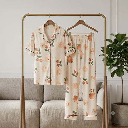 (Playful & Cute): Sweet Dreams Peach & Cherry Pattern Pajama Set
