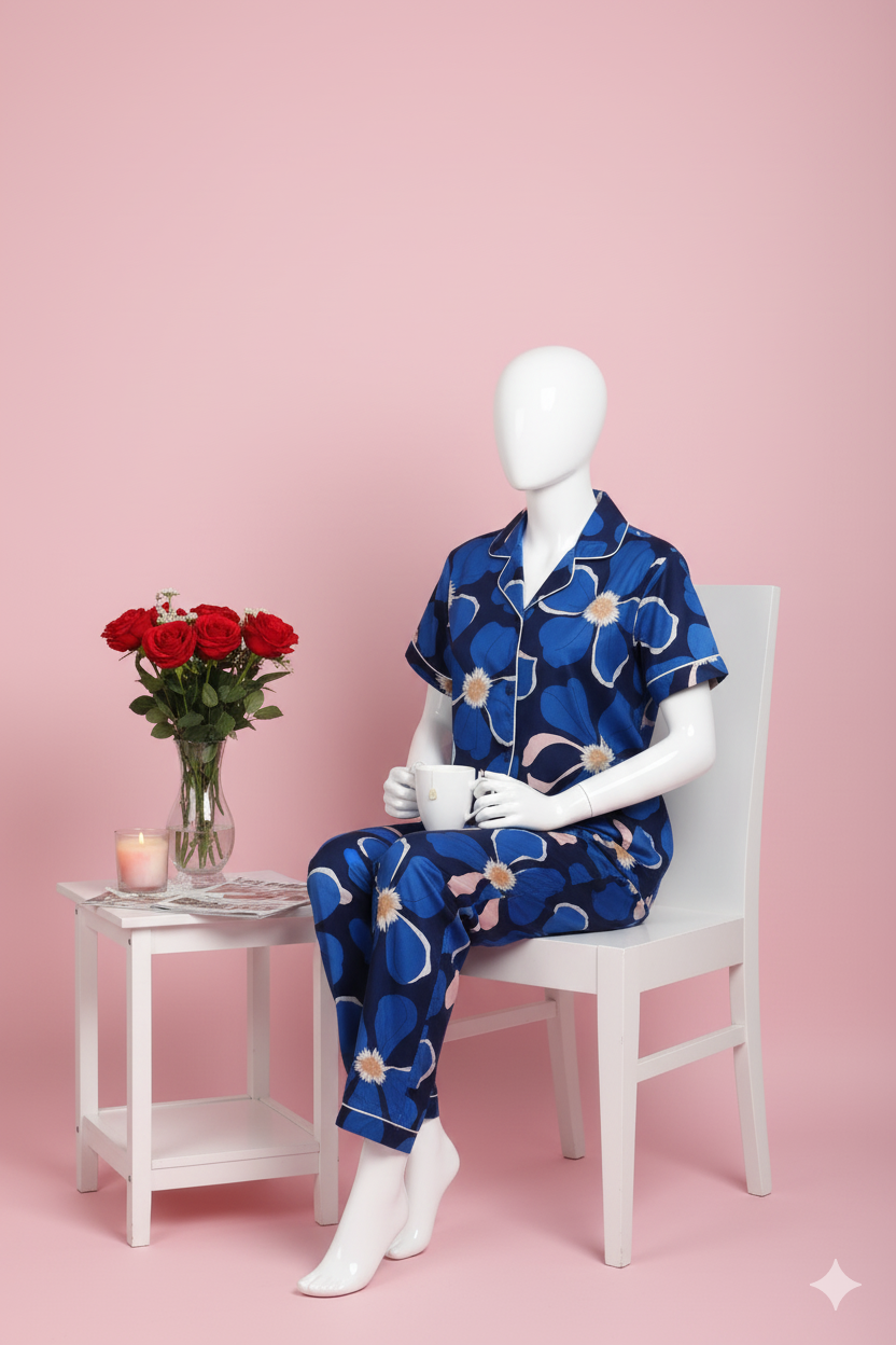 Flourish Women’s Linen Pajama Set – 2-Piece Blue Floral Print Nightwear