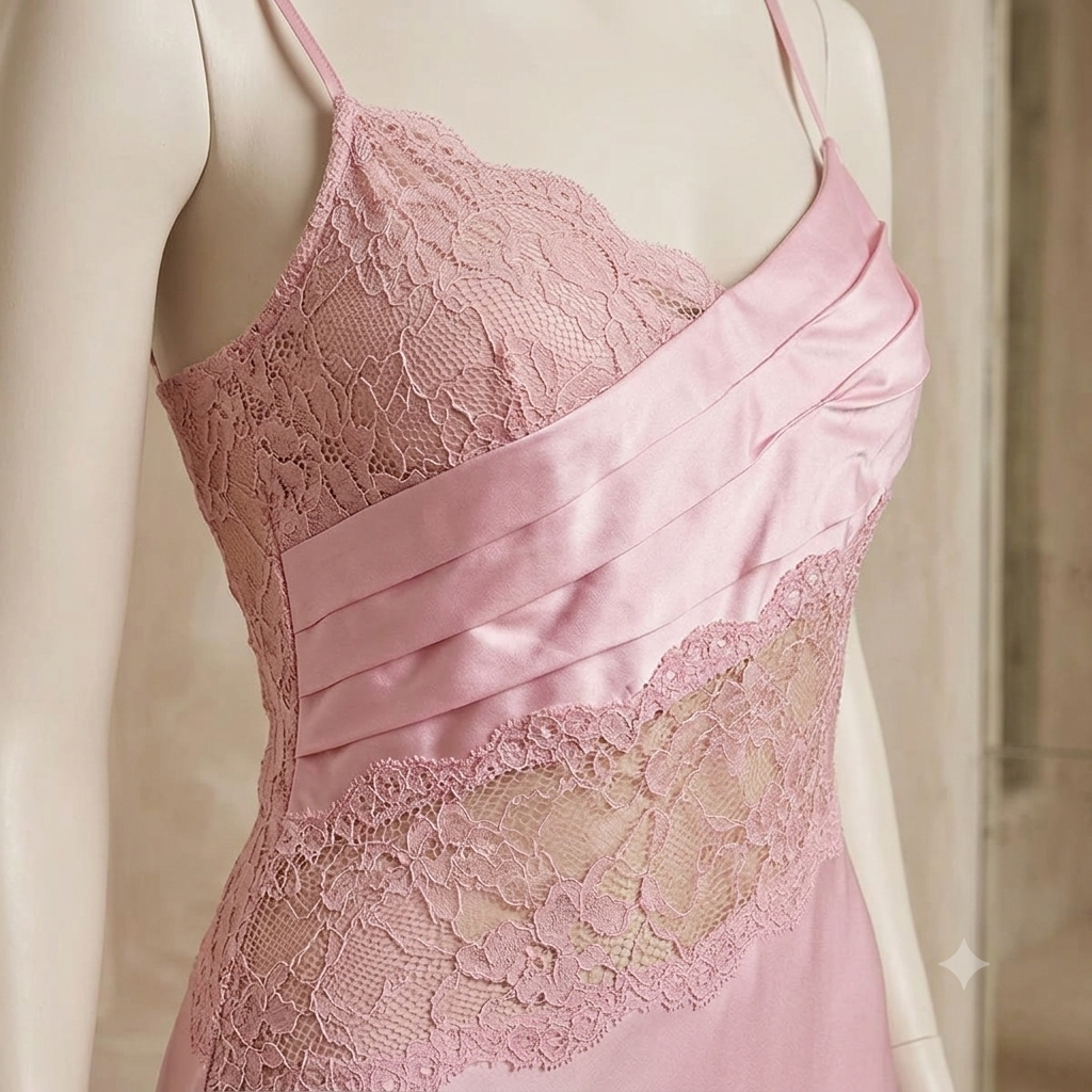 Blush Pink Satin Long Nightdress with Asymmetrical Lace-072