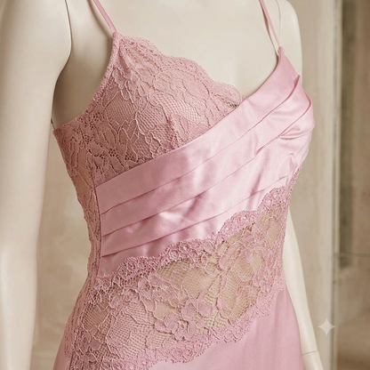 Blush Pink Satin Long Nightdress with Asymmetrical Lace-072