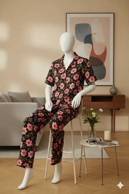 Flourish Women’s Linen Pajama Set – 2-Piece Black Floral Print Nightwear