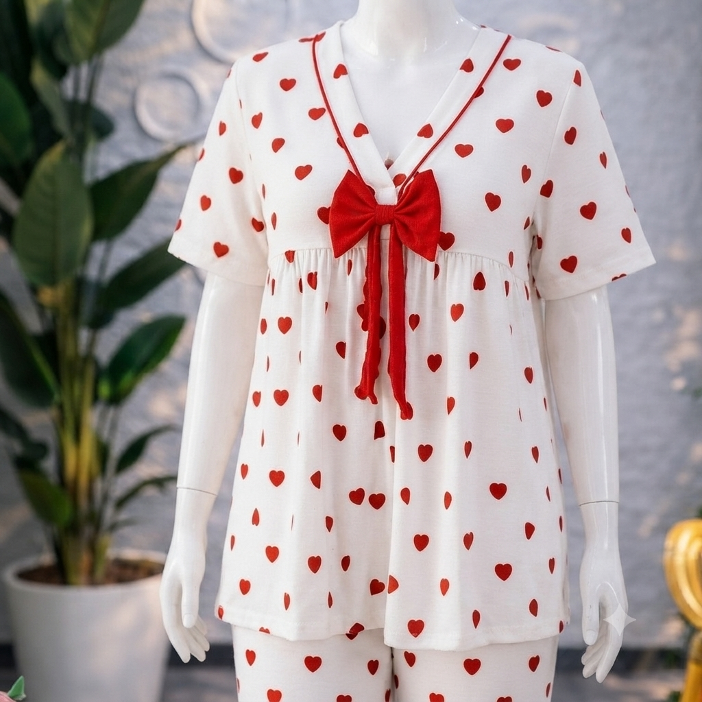 Flourish Minimalist Heart Print Pajama Set - Soft White