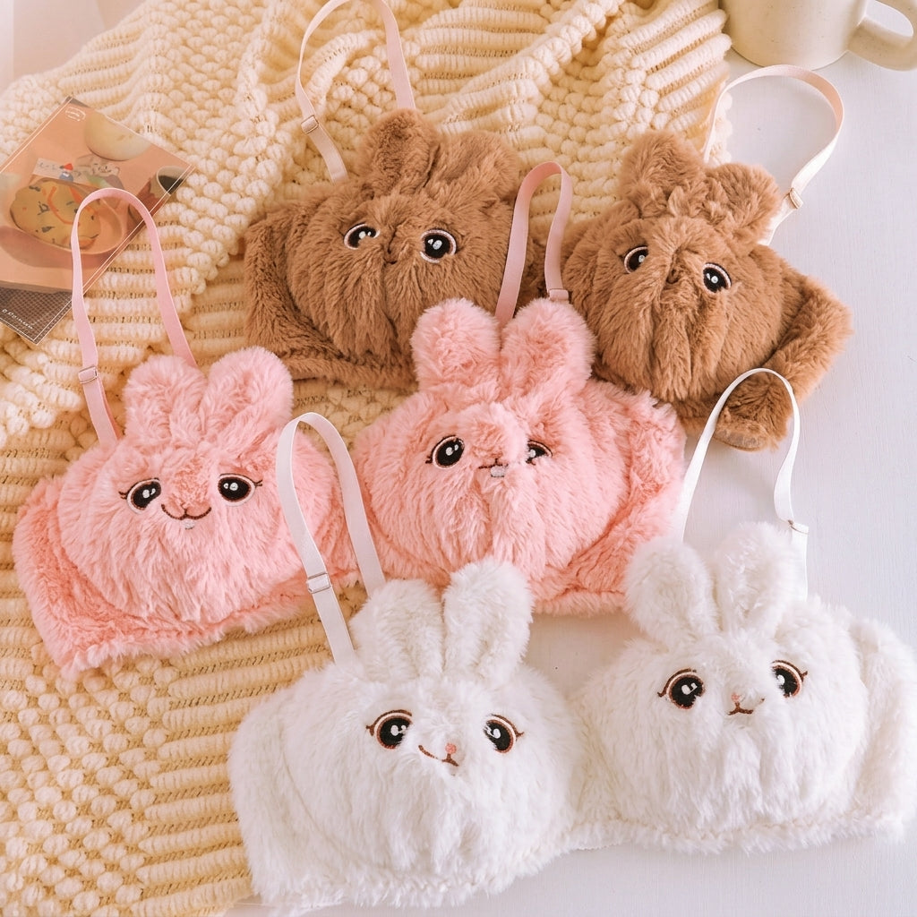 New Japanese Anime Style Plush Bunny Bralette – Cute Fluffy Faux Fur Padded Bra Panty set