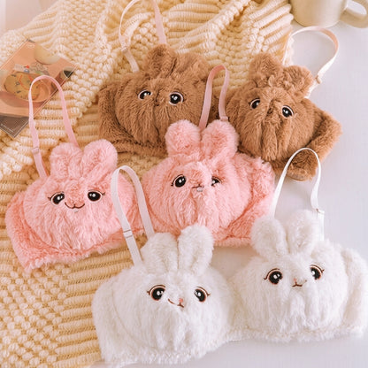 New Japanese Anime Style Plush Bunny Bralette – Cute Fluffy Faux Fur Padded Bra Panty set