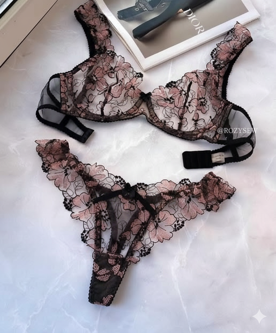 Flourish Luxury Lace Bra & Panty Set – Sheer Floral Embroidery, Wired Support 903
