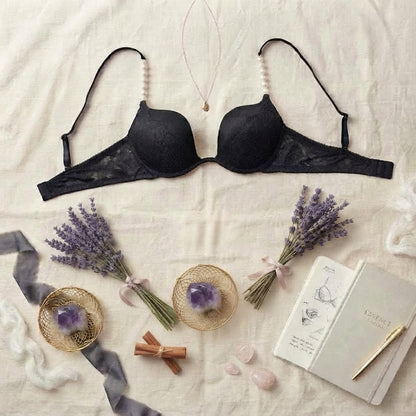 Luxury Pearl-Strap Lace Padded Bra Black -9091