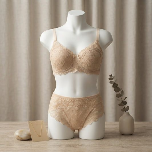 Nude Elegant Lace Padded Bra and Panty Lingerie Set