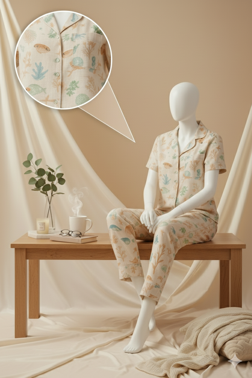 Flourish Women’s Linen Pajama Set – 2-Piece Flower Print Nightwear
